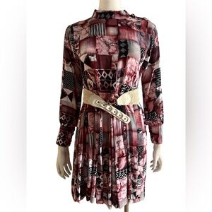 Geometric Patterned Longsleeved Babydoll Dress with Covered Button Details